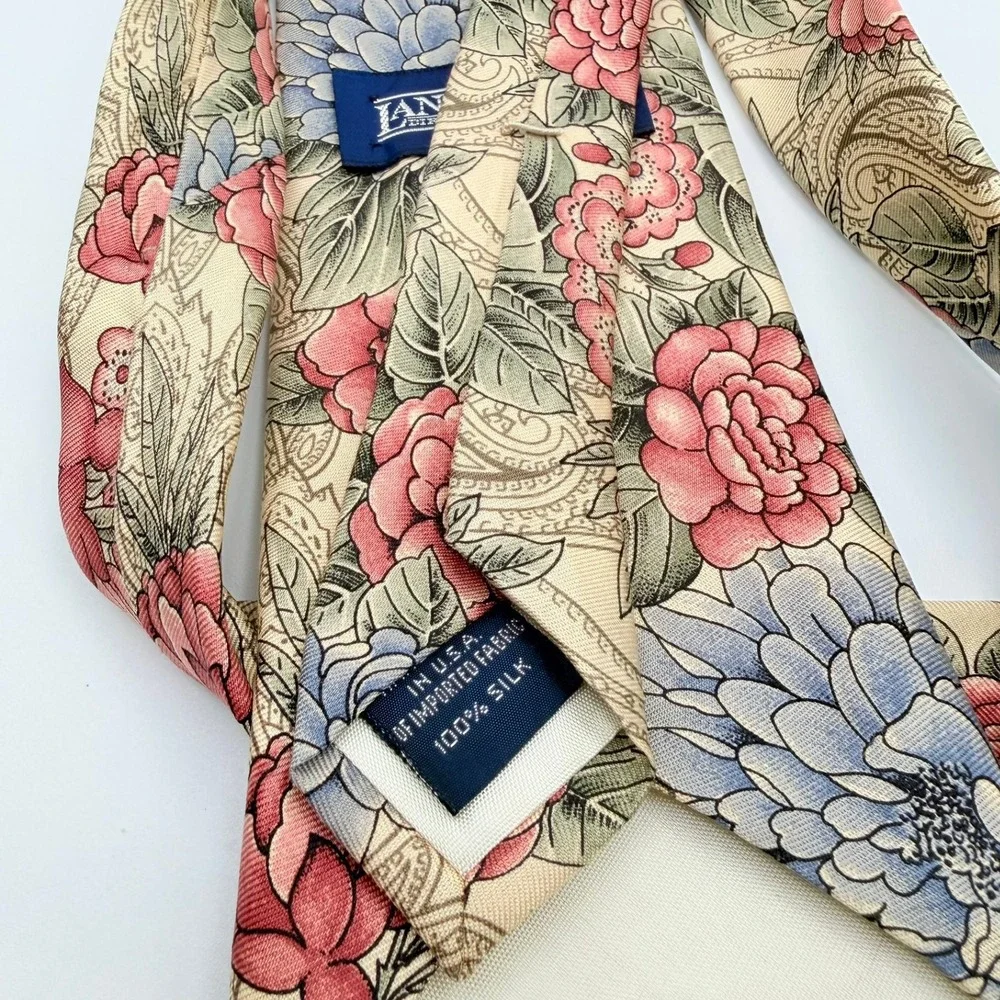 Vintage Lands' End Necktie Men's Cream Floral Silk Hand Sewn 58L